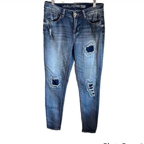 Vanilla Star Mid Rise Patched Distressed Skinny Denim Jeans - Picture 1 of 8
